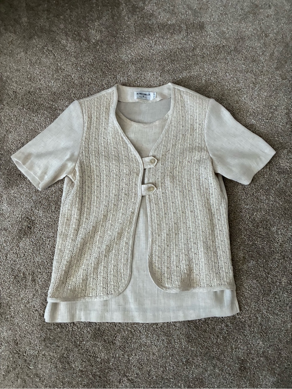 Cream Short-Sleeve Linen and Knit Top with Decorative Built In Vest With Buttons